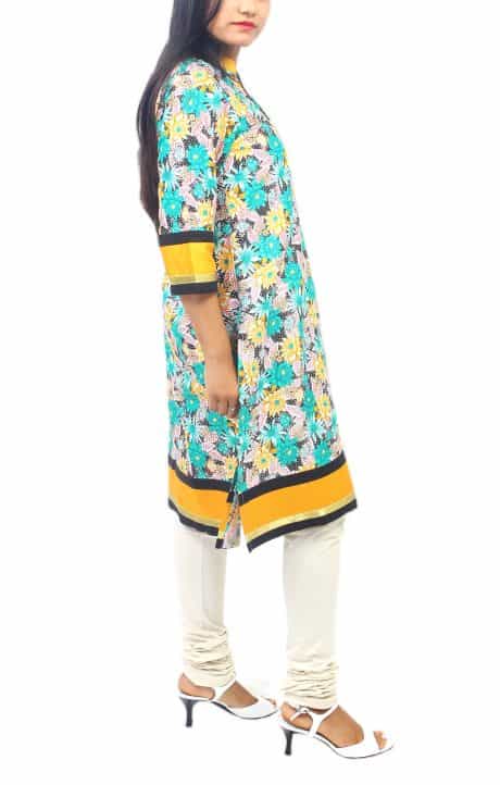 Green White Black and Yellow Floral Printed Cotton Kurti with Mustard Yellow Border and Gold Trim Lace Enhanced with Black Trim-ROK068