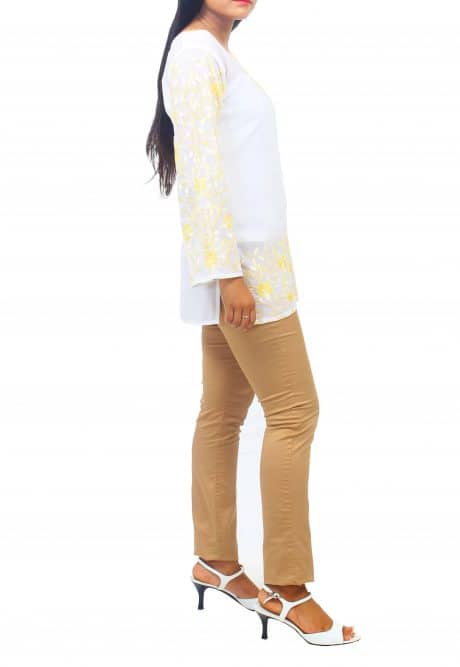 White Short Tunic Top with Yellow & Cream Floral Embroidery at Sleeves and Hemline. Sheer Top Inner Not Included-ROK002