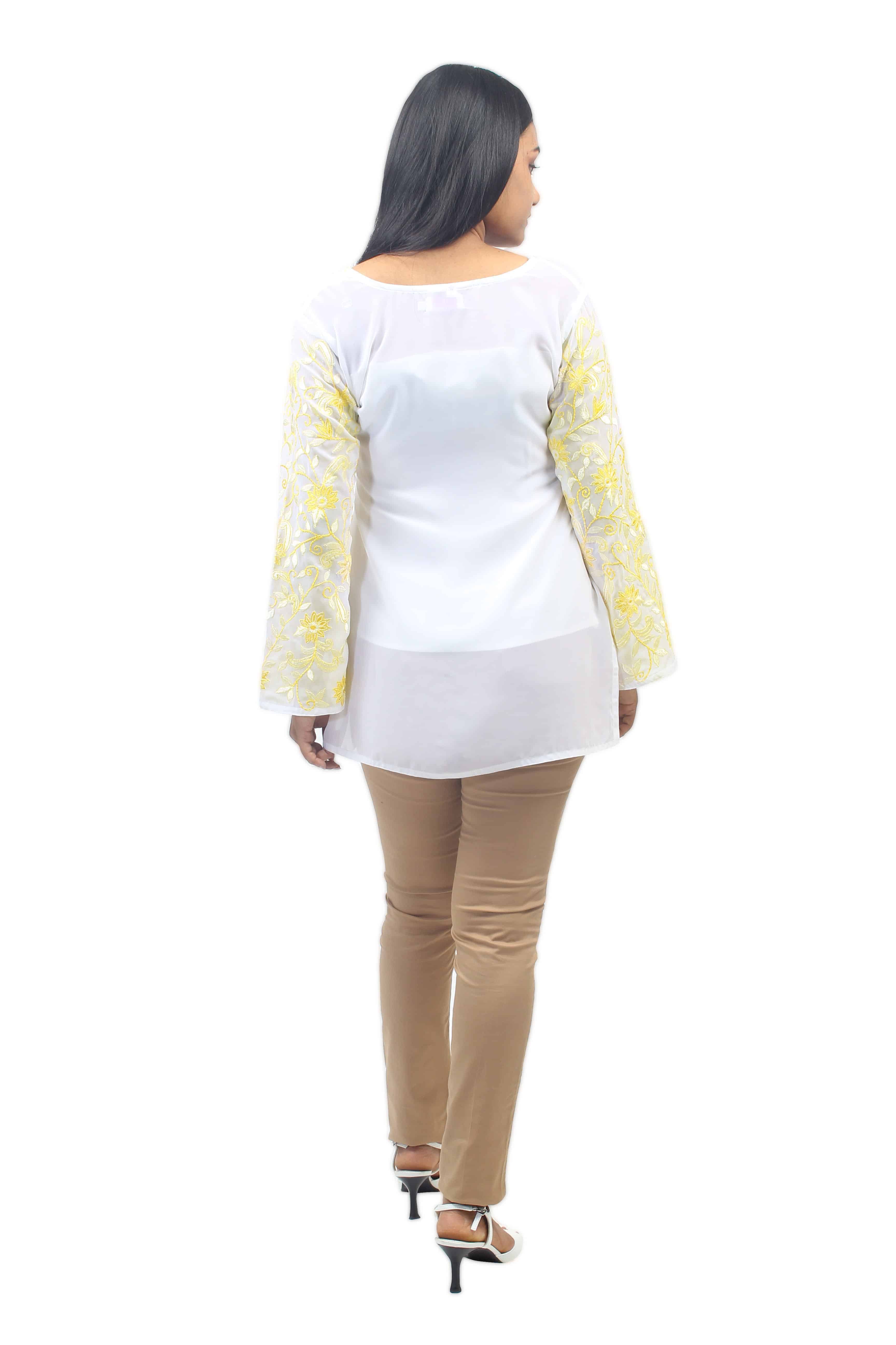 White Short Tunic Top with Yellow & Cream Floral Embroidery at Sleeves and Hemline. Sheer Top Inner Not Included-ROK002