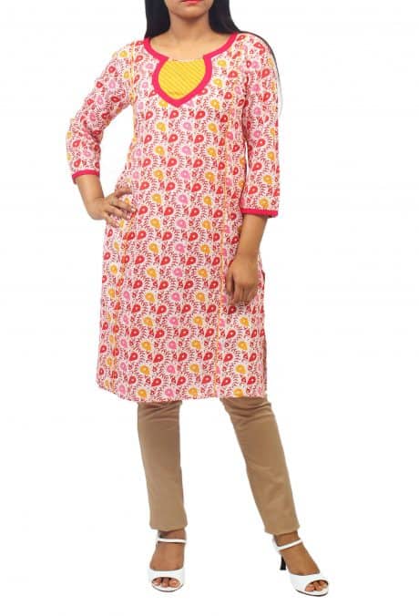Pretty Red, Yellow and Cream Printed Cotton Kurti with Thread Work Yoke Details-ROK067