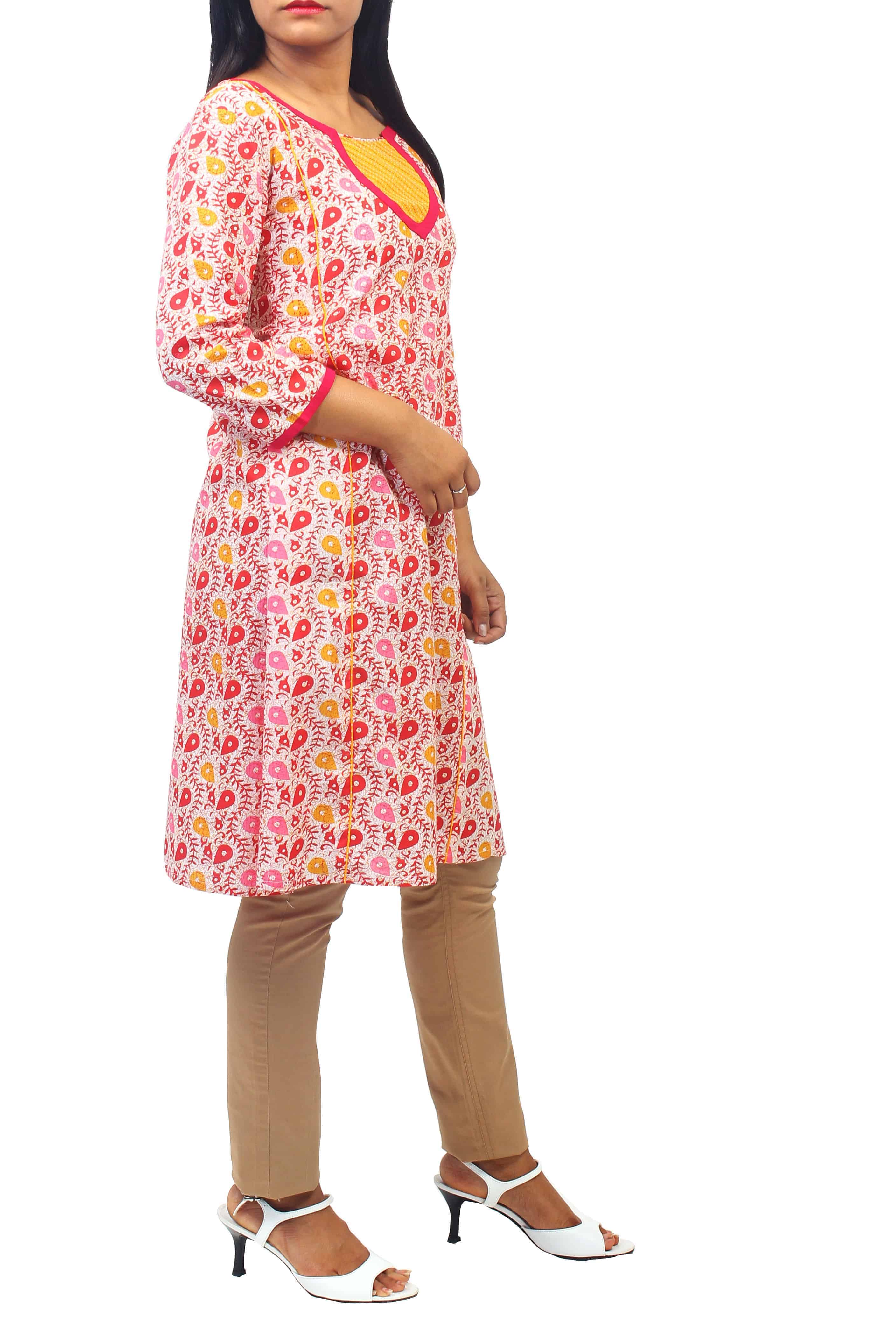 Pretty Red, Yellow and Cream Printed Cotton Kurti with Thread Work Yoke Details-ROK067