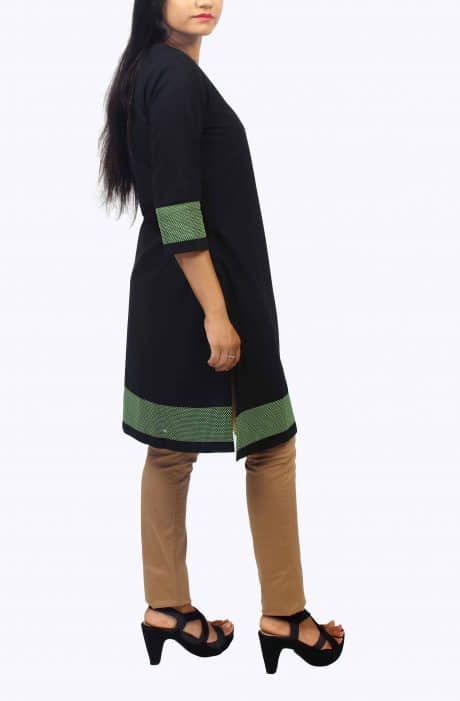 Black Cotton Kurti with Green Polka Dot Border Details at Hemline and Sleeves-ROK069A