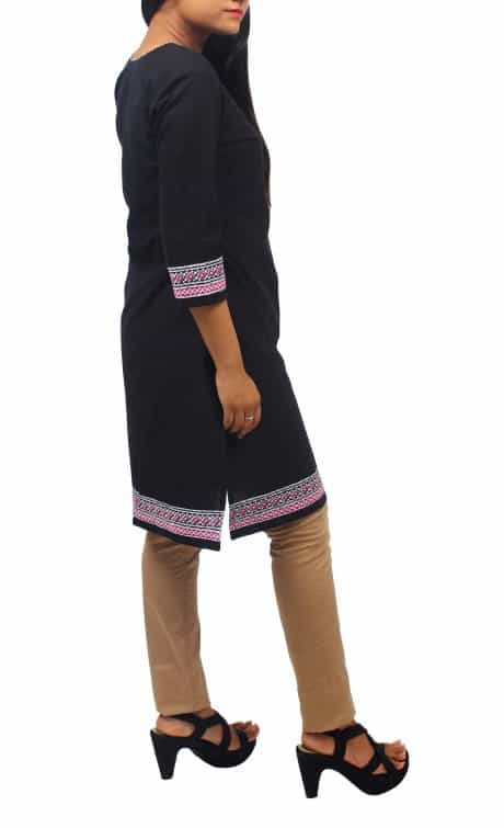 Black Cotton kurti with Pink & White Geometric Color Printed Fabric Details-ROK066