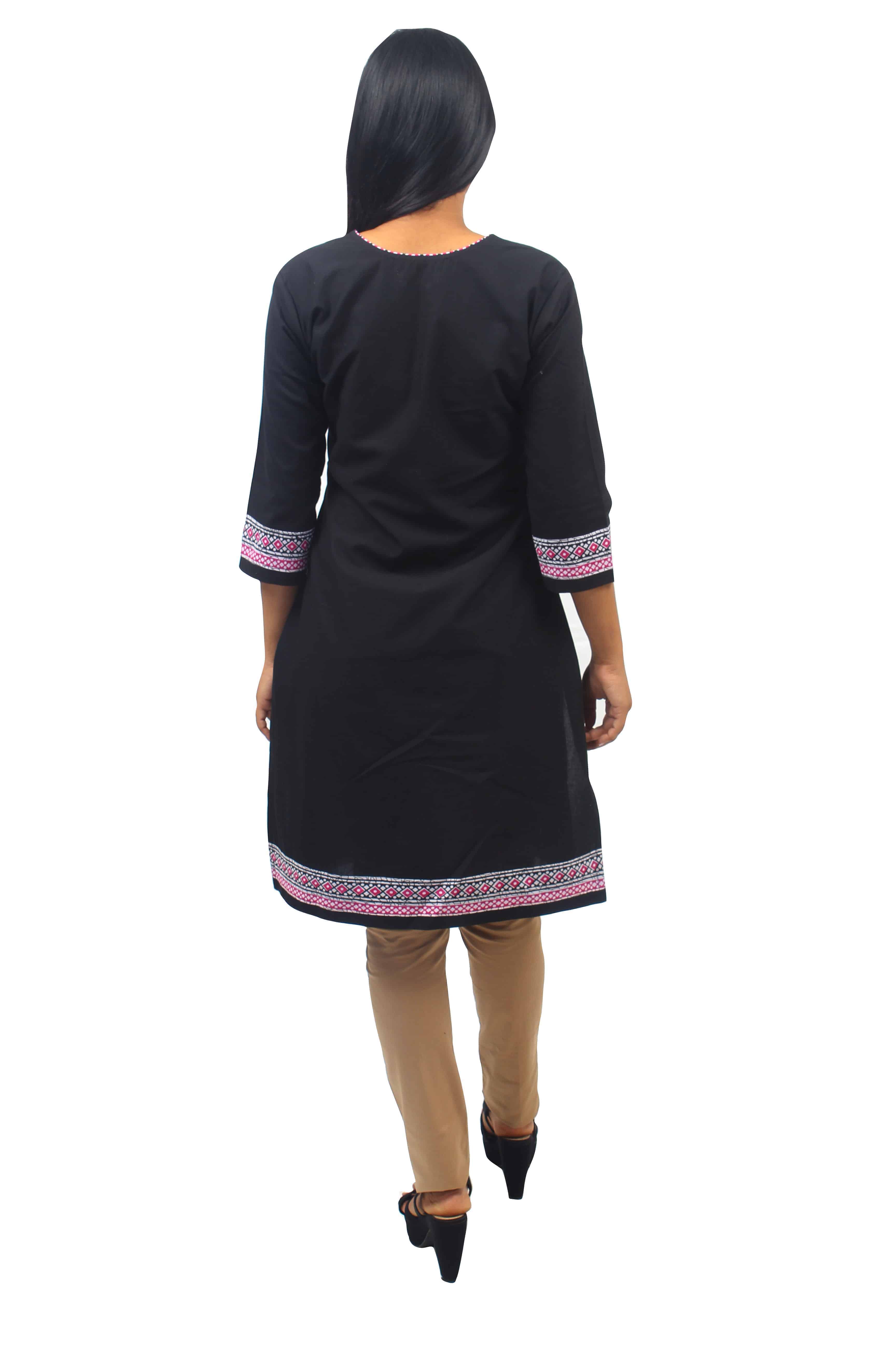 Black Cotton kurti with Pink & White Geometric Color Printed Fabric Details-ROK066