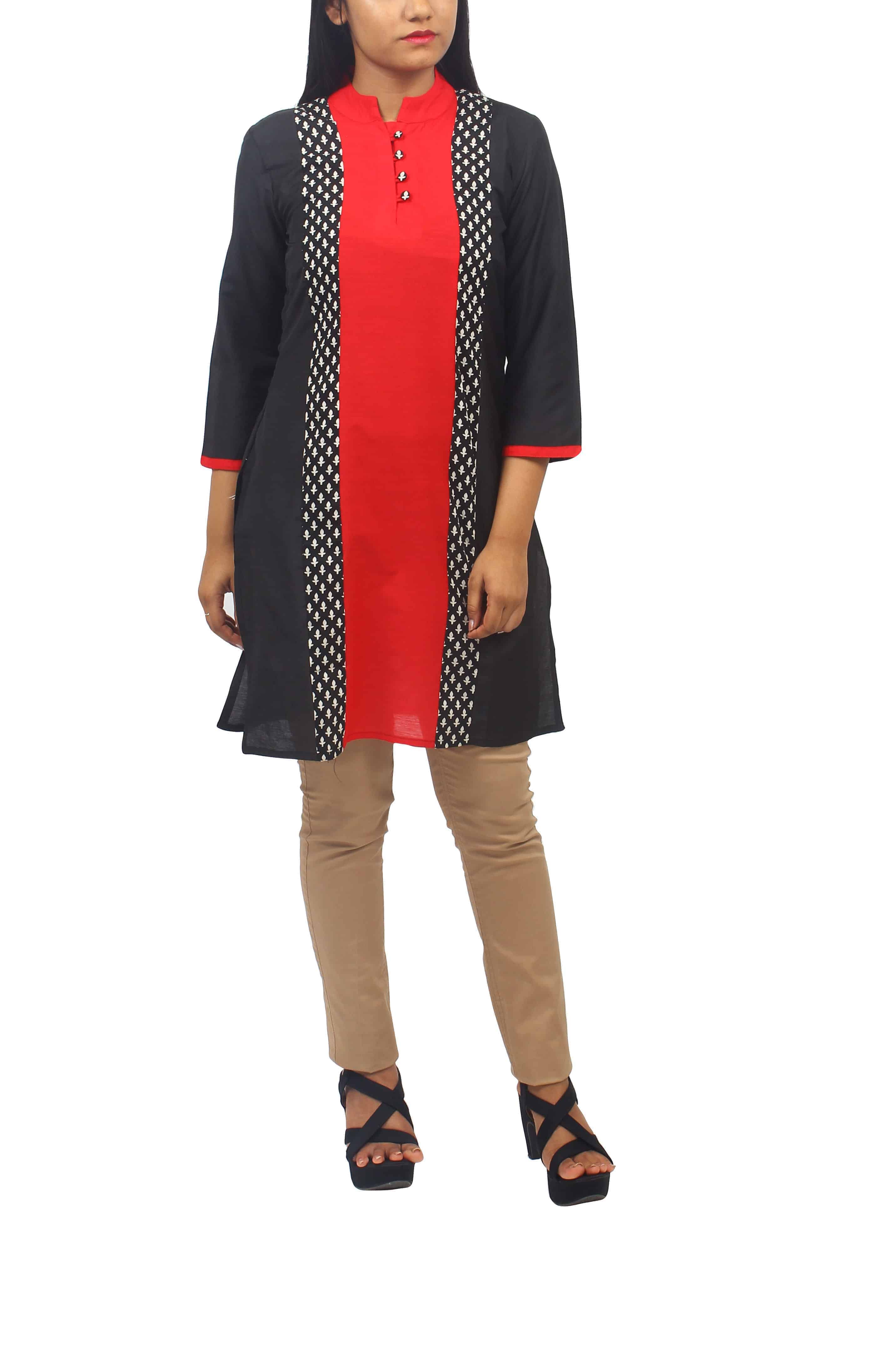 Black Short Collar and Front Button kurti with Black and White Printed PanelsROK070