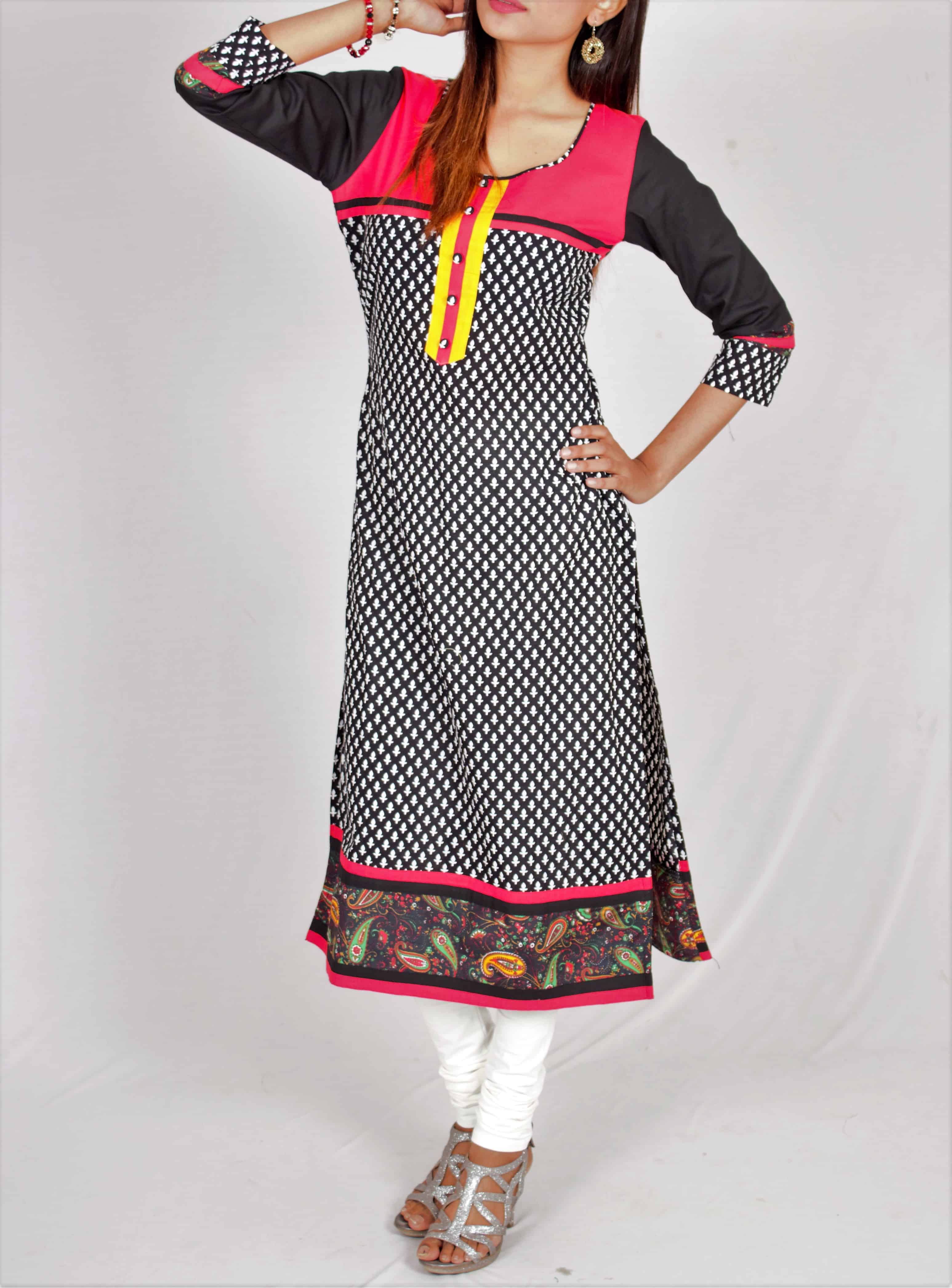 Kurti with Red Short yoke, Yellow and Multi Color Print Fabric-ROK041