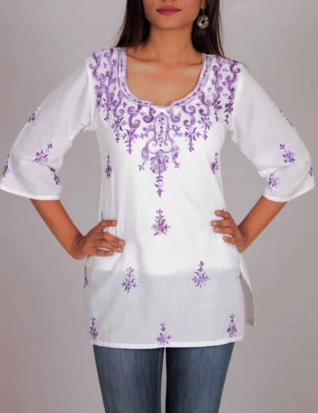 White Short Tunic Top with Lavender Thread Embroidery Details-ROK008