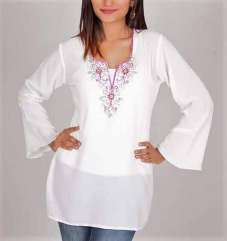 White Georgette tunic top with pink sequin, silver stone floral motif embroidery at  neck line with bell sleeves, Inner not included-ROK013