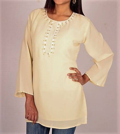 Cream Color Tunic Top with Beads & Pearls Embellished Neckline-ROK005