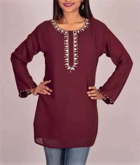 Laser georgette baize color tunic top with beads & pearls embellished neckline-ROK006