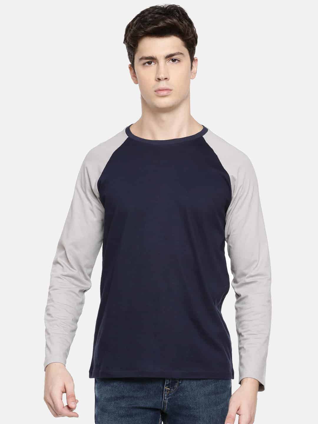 Men Navy Blue and Grey Colourblocked T-Shirt-RFSS19M06