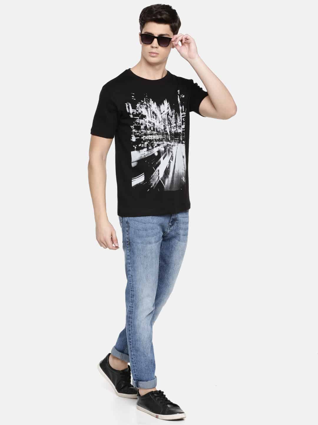 Men Black Printed Cotton Knits T-Shirt-RFSS19M07