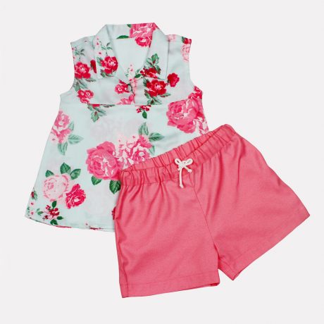 Girls Rose Print Rayon Top & Cotton Shorts with elastic and drawstring waist-RKFCW05