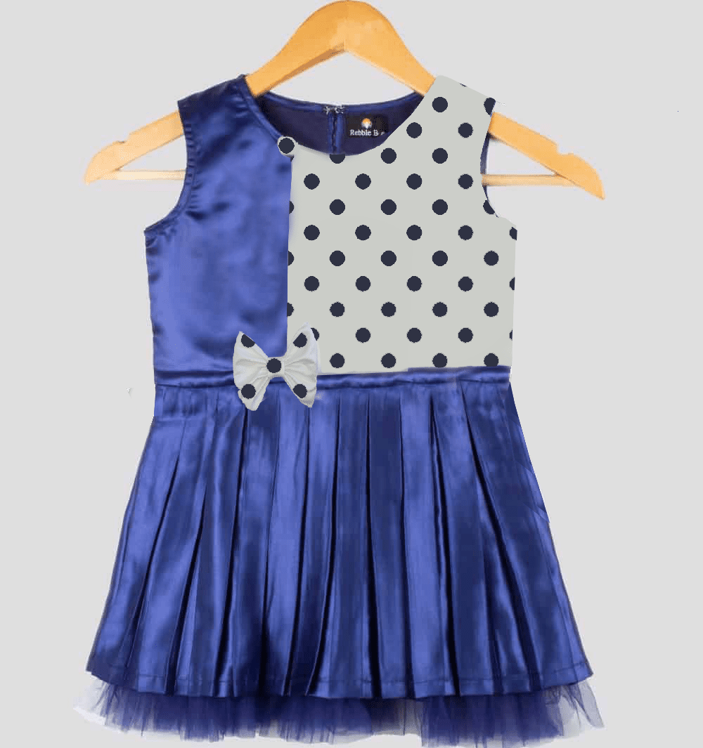 Girls Blue Pretty Pleated Party Frock with Polka Dots-RKFC014