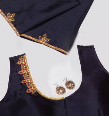  Navy Blue Hand Embroidered Round Neck Ladies Blouse-RKFWW10