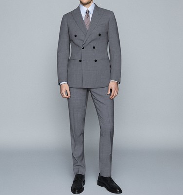 Men Light Grey Double-Breasted Slim-Fit 2-Piece Suit-RKFCMS003