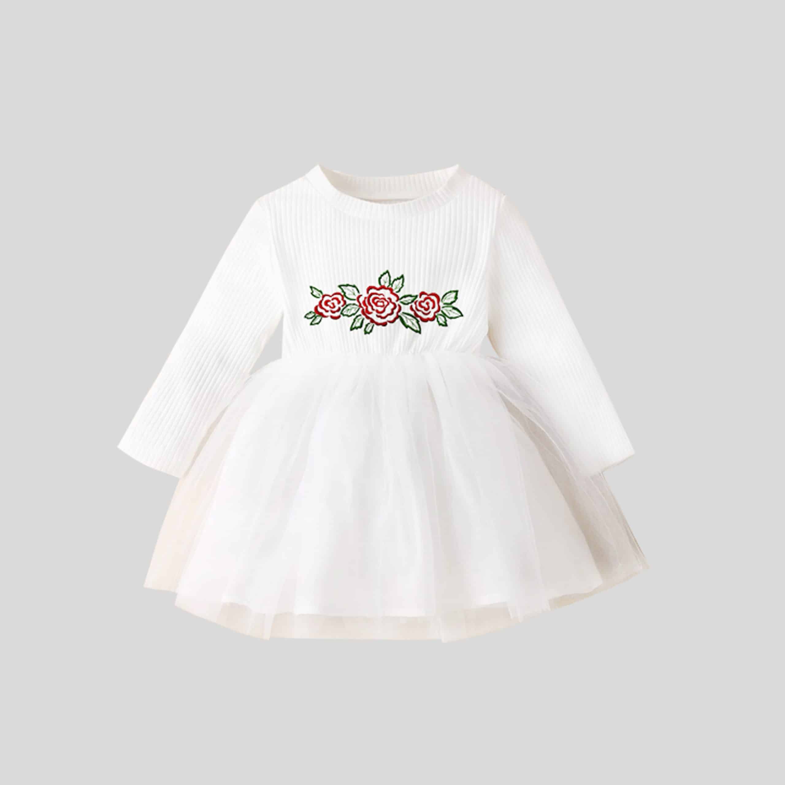 Girls party wear white full sleeve, dress with floral print at waist-RKFCW128