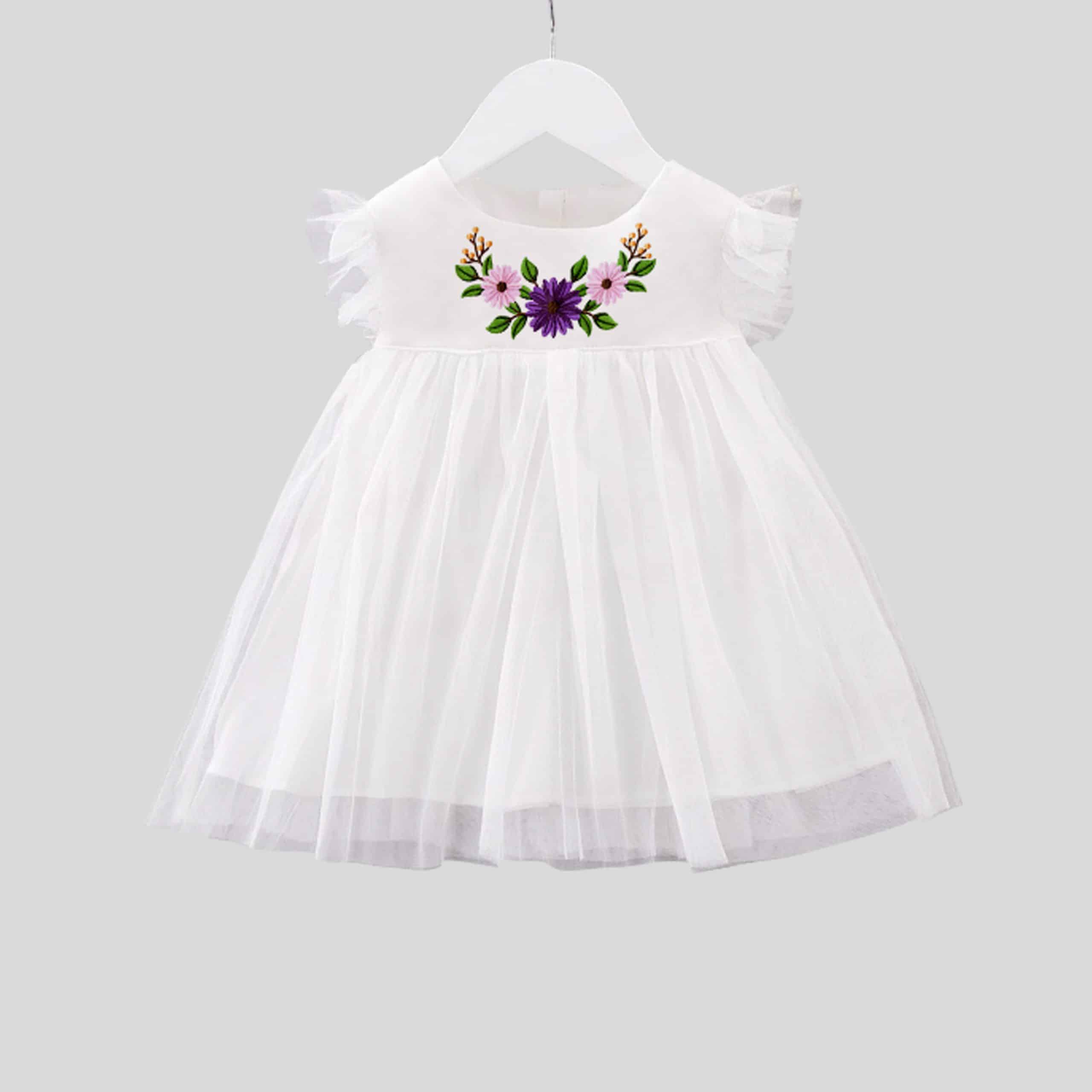 Girls party wear white net frill dress and frilled sleeves and floral print at neck-RKFCW129