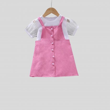 baby pink dungri with white t-shirt with net puff sleeves-RKFCW123