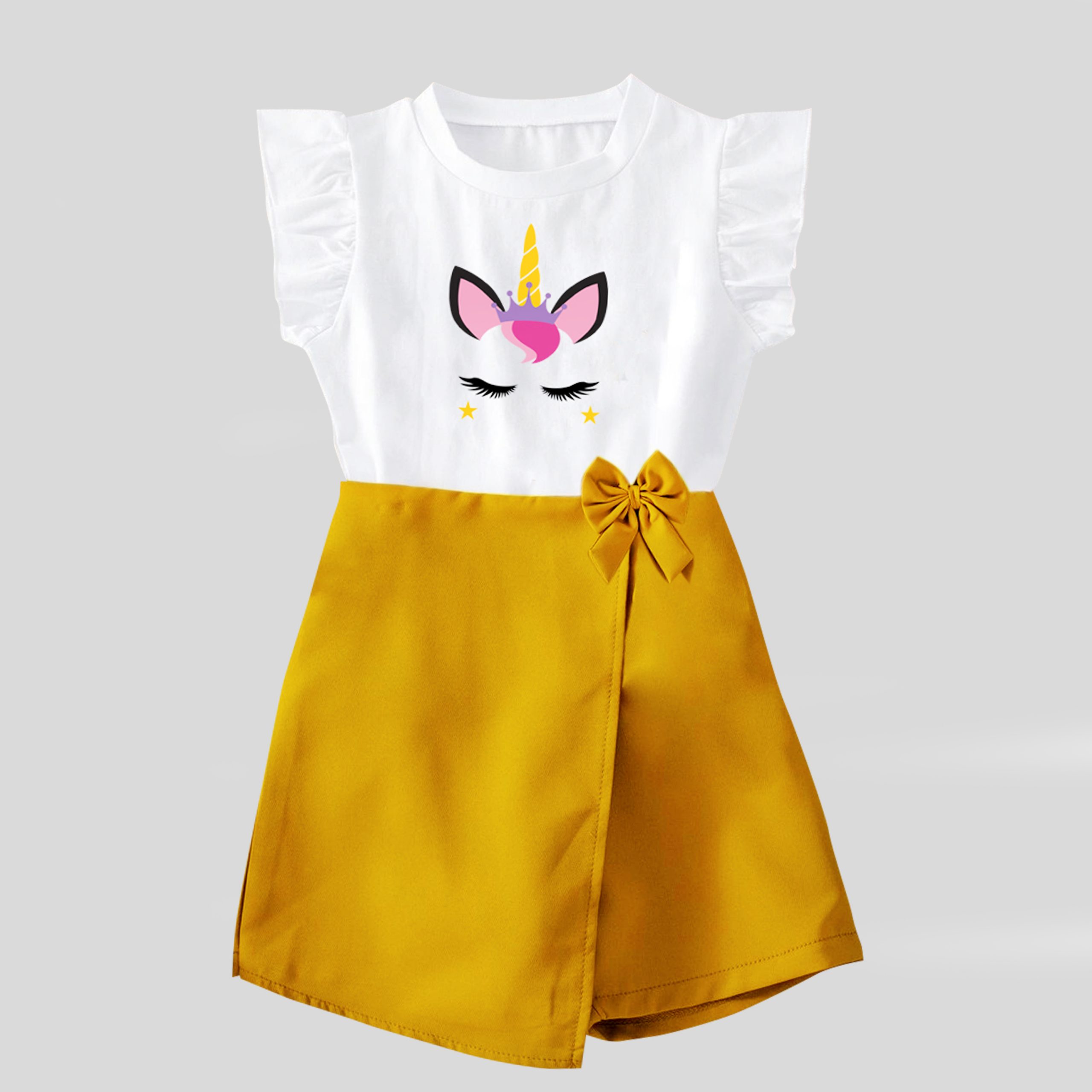 Mustard yellow jumpsuit with beautifull unicorn print with flap and bow at waist and frilled slevees-RKFCW101