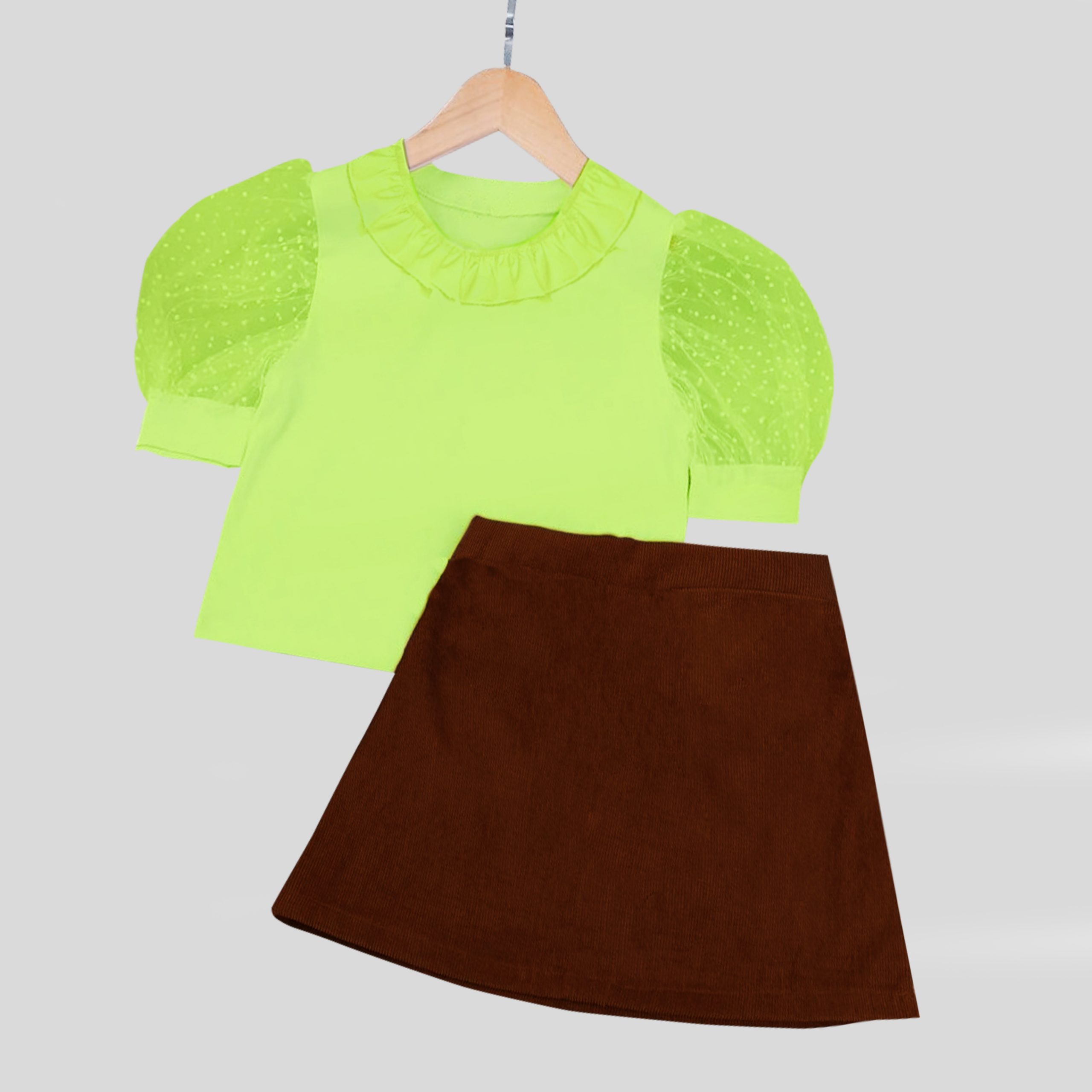 Green top with frill at neck, net puff sleeve and brown a- line skirt-RKFCW102
