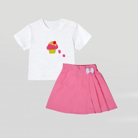 White Girls solid Top with cute cup cake packwork and light pink skirt with cute white bow-RKFCW104