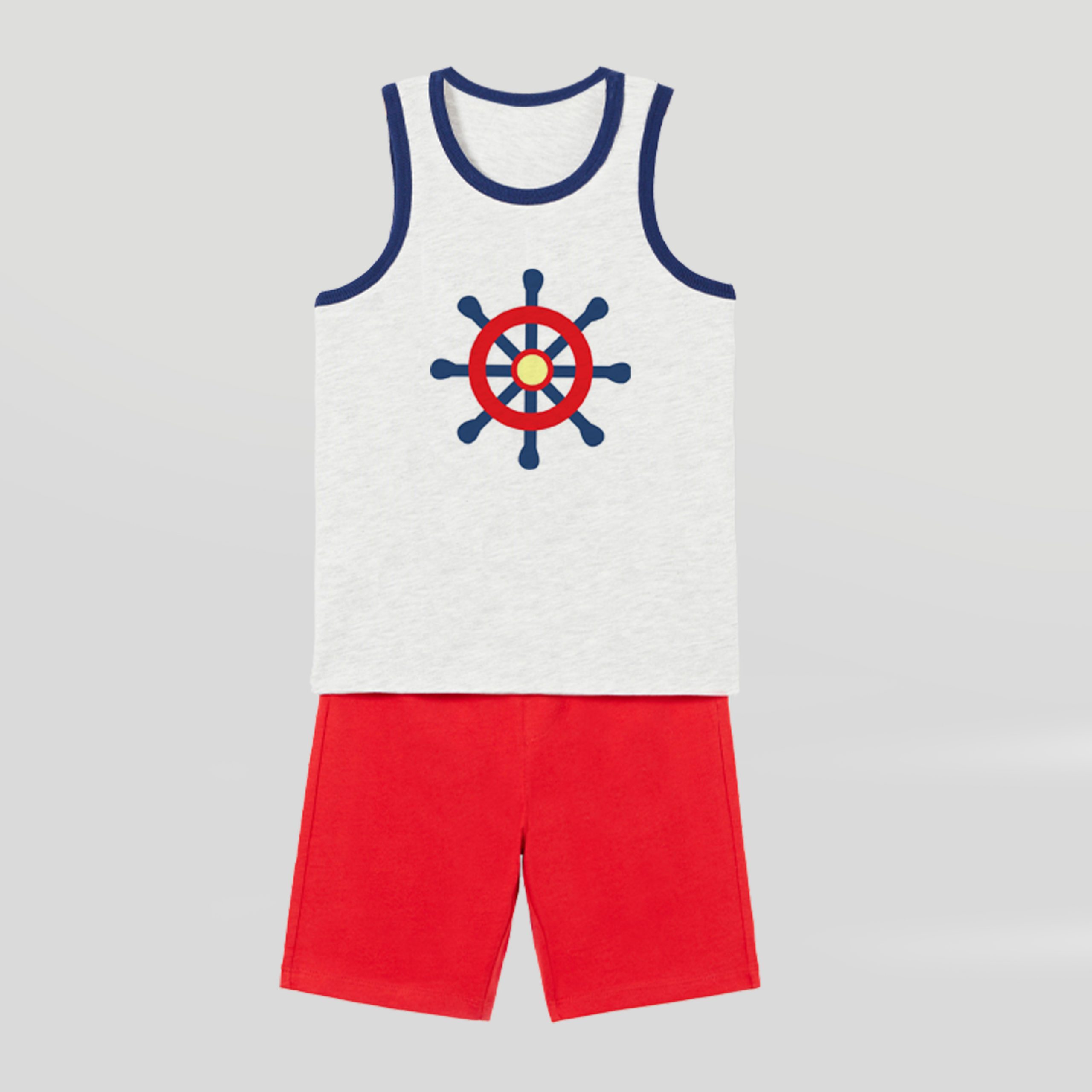 Boys White Sailor Print Tank Top, Red shorts-RKFCW110