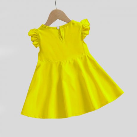 Yellow frock with V neck and floral print with frilled sleeves nd fancy bow tie at waist-RKFCW118