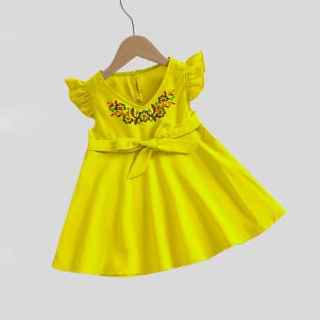 Yellow frock with V neck and floral print with frilled sleeves nd fancy bow tie at waist-RKFCW118