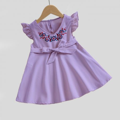 Orchid purple frock with V neck and floral print with frilled sleeves nd fancy bow tie at waist-RKFCW119