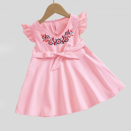 Baby pink frock with V neck and floral print with frilled sleeves nd fancy bow tie at waist-RKFCW120
