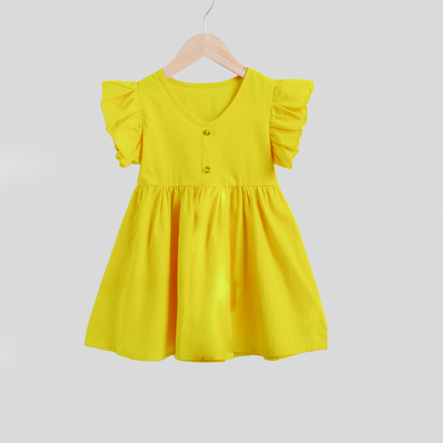 Yellow frock with V neck, frilled sleeves with front botton opening -RKFCW121