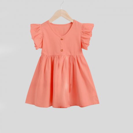 peach frock with V neck, frilled sleeves with front botton opening-RKFCW122