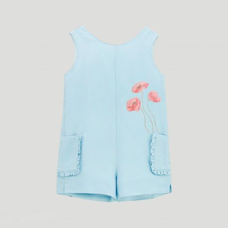 Girls light blue jumpsuit with floral print and frill around the pocket-RKFCW127
