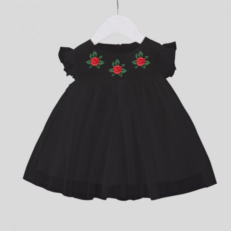 Girls party wear black net frill dress and frilled sleeves and floral print at neck-RKFCW131