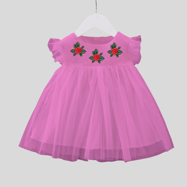 Girls party wear sugar rose net frill dress and frilled sleeves and floral print at neck-RKFCW130