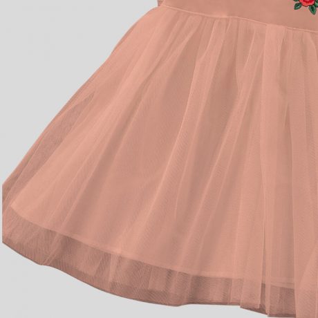 Girls party wear peach net frill dress and frilled sleeves and floral print at neck-RKFCW132