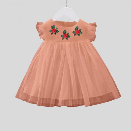 Girls party wear peach net frill dress and frilled sleeves and floral print at neck-RKFCW132