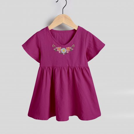 Byzantine purple dress with floral print frill at waist for causal wear-RKFCW99