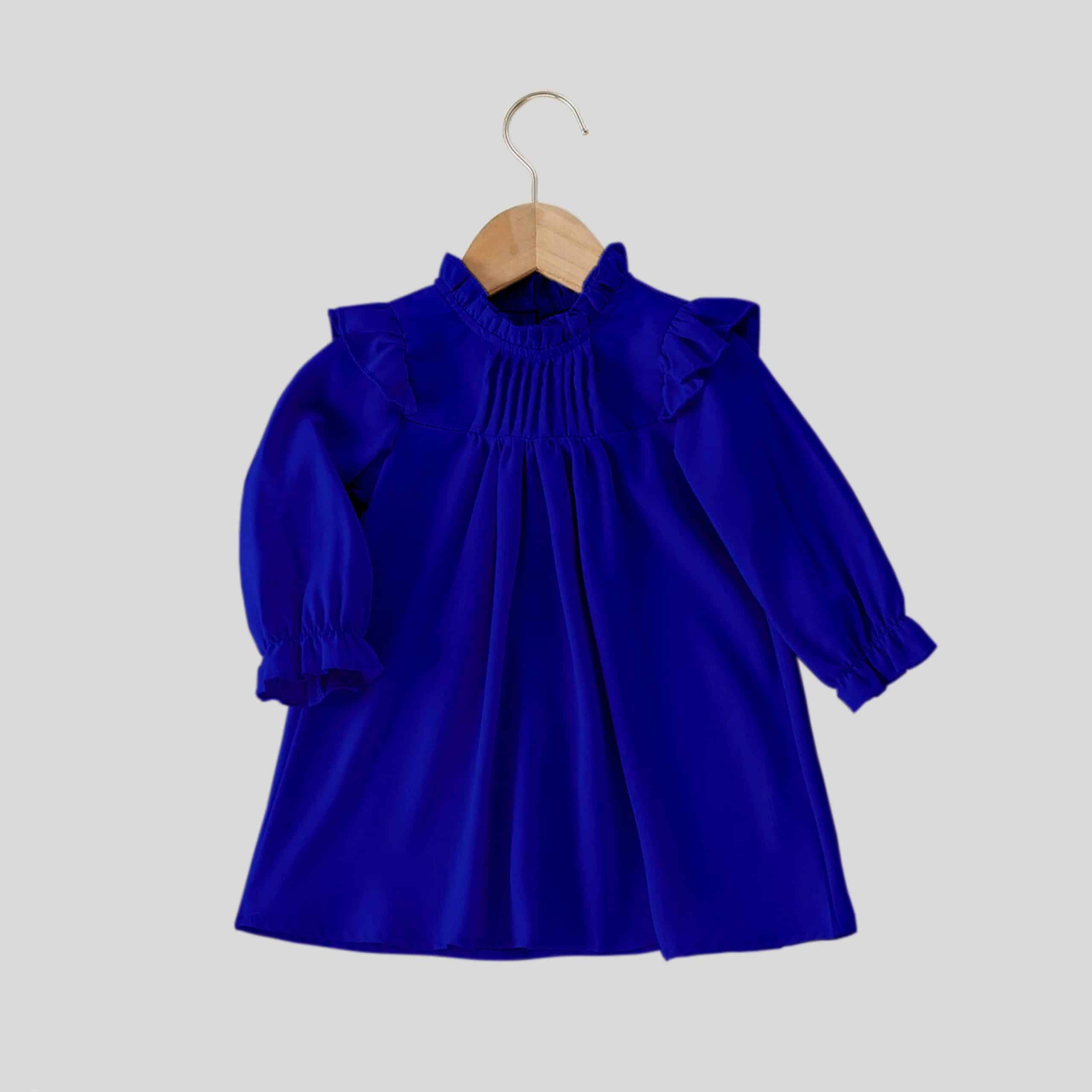 Girls royal blue full sleeves frill collar and tiny pleated yoke-RKFCW230