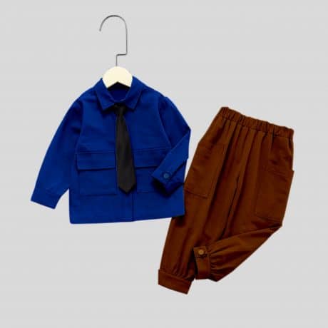 Boys light blue Button Front Shirt & dark brown elastic pants-RKFCW181