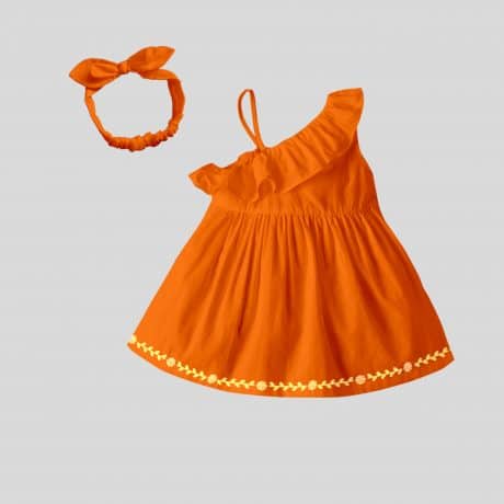 Combo one shoulder ruffle orange dress with print at bottom with cute head band-RKFCW143