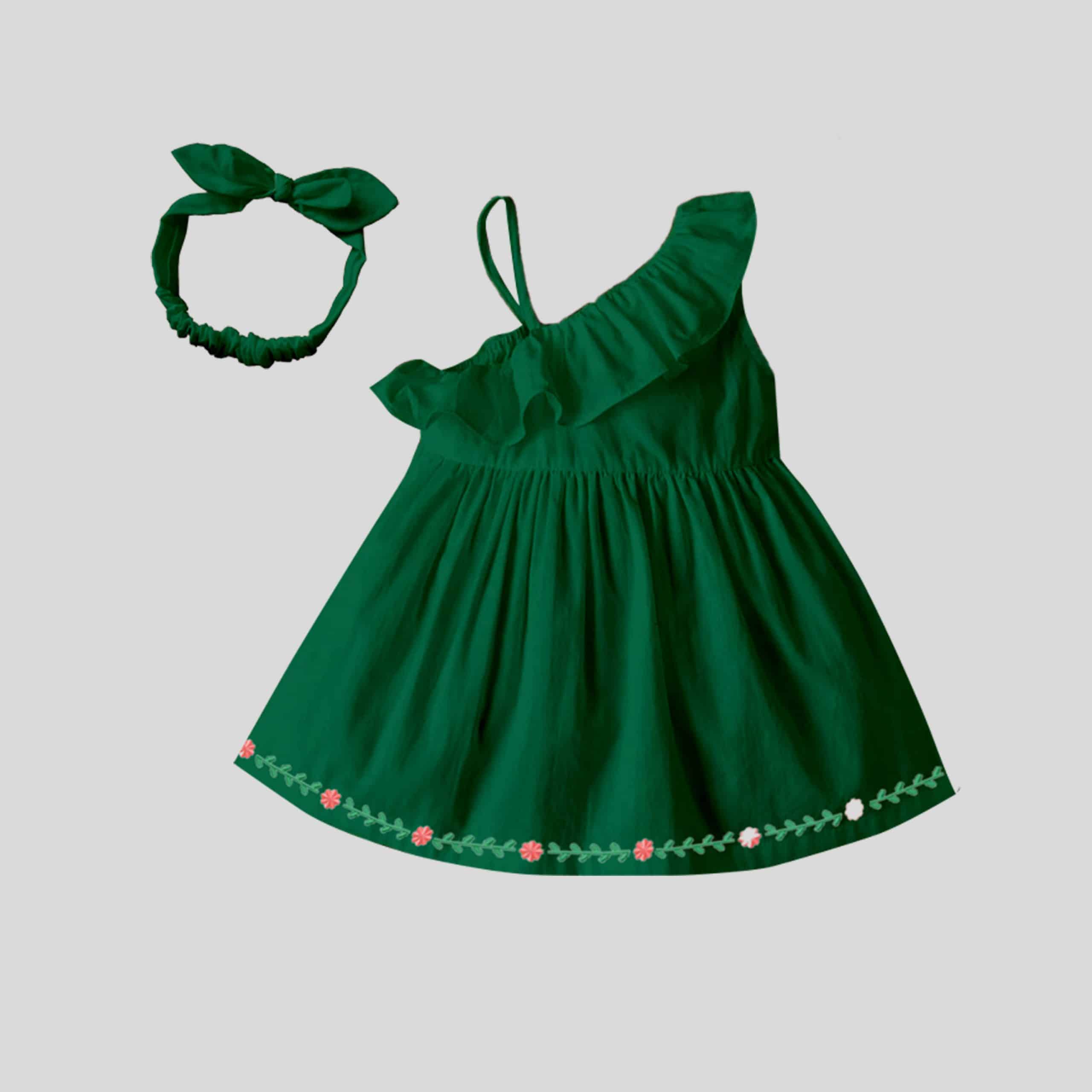 Combo one shoulder ruffle dark green dress with print at bottom with cute head band-RKFCW142