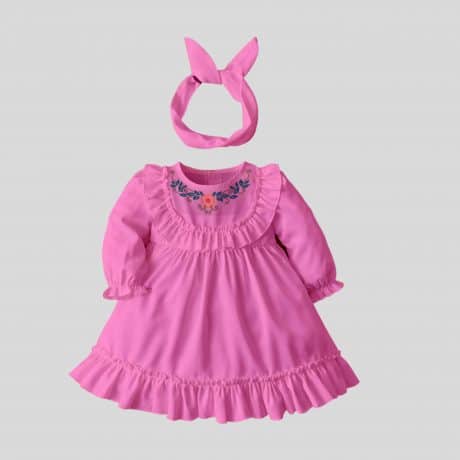 Combo baby pink color dress with floral print and ruffle at bottom and neck with cute head band-RKFCW145