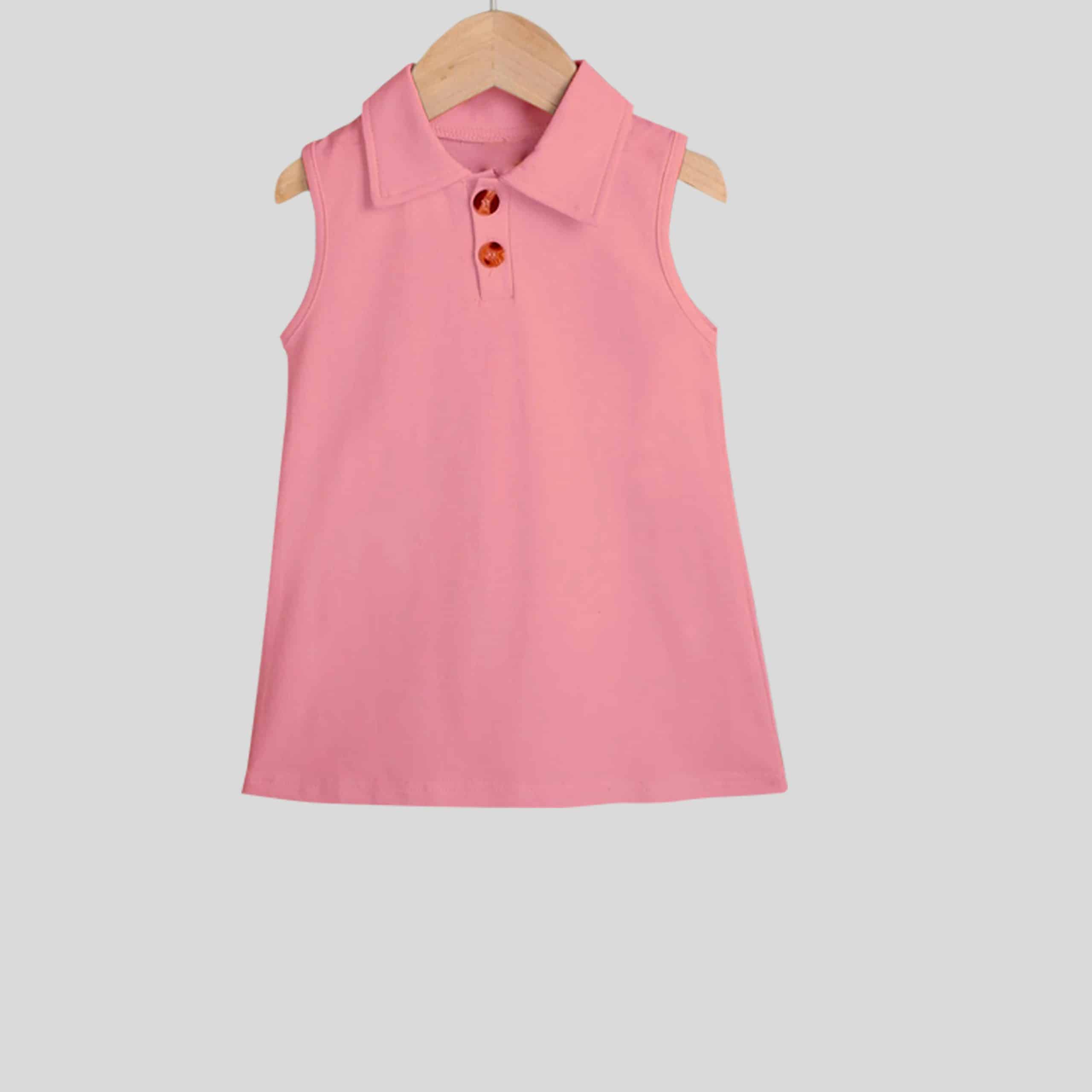 Girls baby pink t-shirt dress with collar neck, sleeve less-RKFCW147