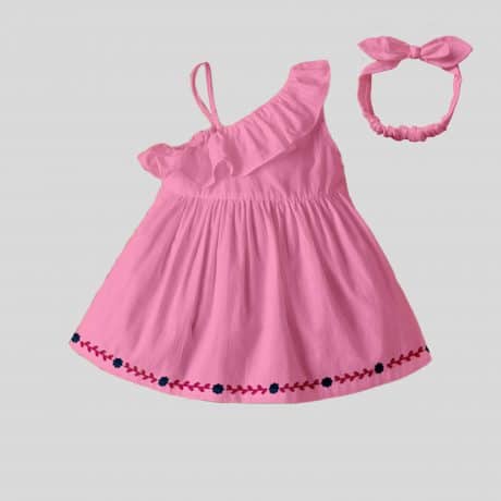 Combo one shoulder ruffle baby pink dress with print at bottom with cute head band-RKFCW141