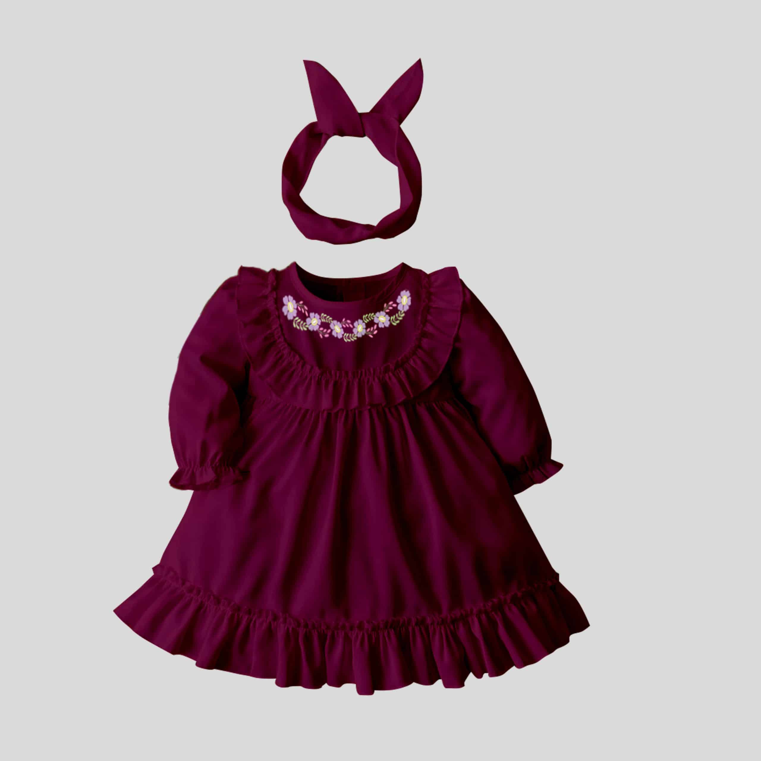 Combo mulberry color dress with floral print and ruffle at bottom and neck  with cute head band-RKFCW144