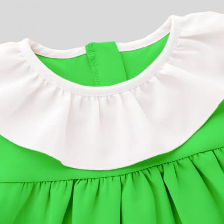 Cute green girls dress with ruffle at neck, full sleeves and gathers at waist-RKFCW138