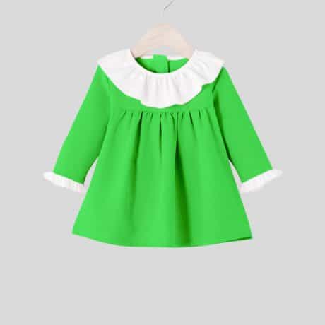 Cute green girls dress with ruffle at neck, full sleeves and gathers at waist-RKFCW138