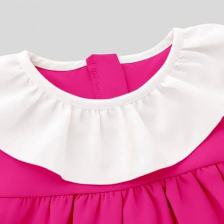 Cute hot pink girls dress with ruffle at neck, full sleeves and gathers at waist-RKFCW139